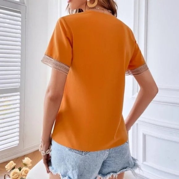 Bohemian V-neck Lace Solid Minimalist Blouse Orange - Picture 3 of 4